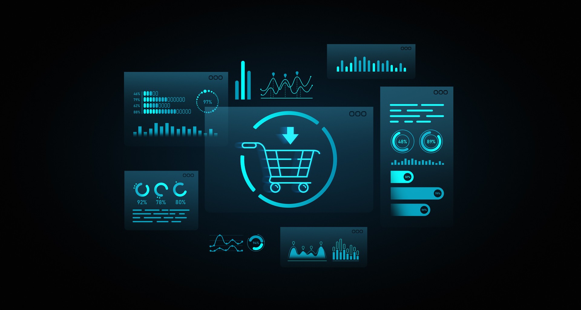 E-commerce dashboard with shopping cart icon and data visualizations. 3D Rendering